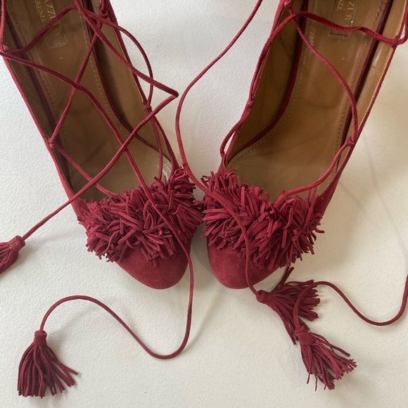 Aquazzura Burgundy Suede Fringe Wild Thing Pumps Lace Up Heels - Picture 4 of 11